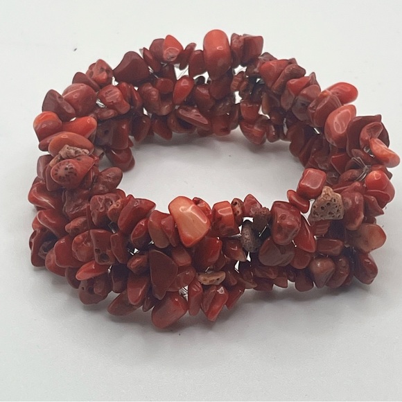 vintage chunky red coral chip stretch bracelet natural stone boho - Picture 5 of 8